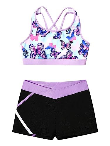 TiaoBug Kids Girls Two-Piece Swimsuit Dance Sports Outfits Crop Top and Shorts Activewear Sets Gym Yoga Workout Outfits3