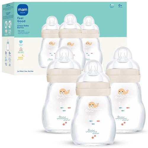 Image of MAM 6oz Feel Good Pure Glass Anti-Colic Wide Neck Baby Bottle, Slow Flow Skin Soft Silicone Nipple, Easy to Clean, BPA Free, 0+ Mths, Easy Switch Between Breast & Bottle, Made in Europe, 3 Pk, Unisex