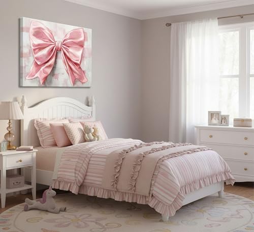 Image of Pink Bow Canvas Wall Art Trendy Cute Preppy Watercolor Bow Painting Pictures Wall Decor Posters Prints Girly Aesthetic for College Apartment Bedroom Decoration