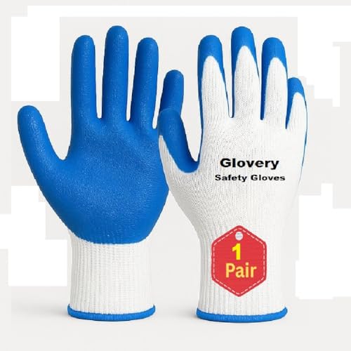 Image of Nylon Safety Work Gloves with Nitrile Coating - Industrial-Grade Protection for Cleaning, Warehouse, Mechanics, Construction - Durable, Flexible, Non-Slip Grip (White & Blue, 1 Pair)