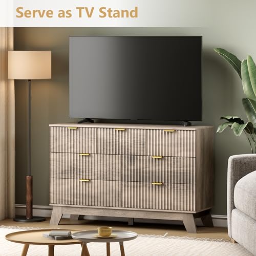 Image of Wodeer 7 Drawer Fluted Dresser for Bedroom, Mid Century Modern Wooden Dresser with 7 Drawers, Dressers & Chests of Drawers with Metal Handle, TV Stand & Storage Organizer for Entryway, Hallway, Grey