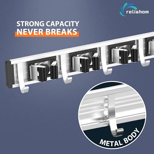 Image of reliahom Broom Holder Wall Mount Mop Hanger Tools organizer 4Racks 5Hooks | Adjustable Mop Broom Wall Hanging Heavy duty Tools Storage Rack Space-saving for Garage,Kitchen,Laundry Room,Garden, Black