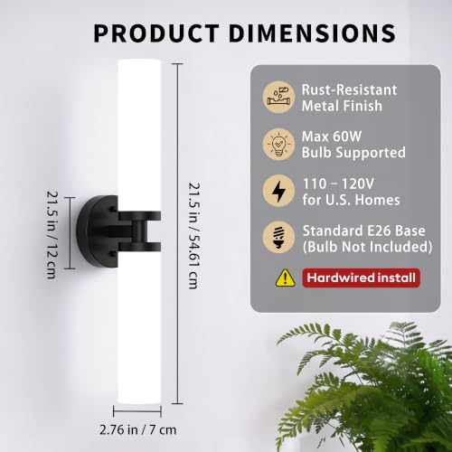Image of Wall Sconces Set of 2, Matte Black Hardwired Bathroom Light Fixtures, Modern Bathroom Vanity Wall Lighting with Milky White Glass Shade, Farmhouse Wall Sconce for Bedroom Living Room Hallway