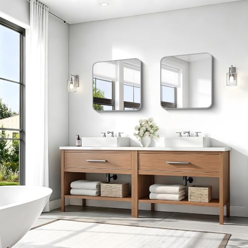 Image of KOCUUY Silver Bathroom Mirror, 24x24 Inch Bathroom Mirror for Over Sink, HD Tempered Glass, Anti-Rust Brushed Silver Frame, Rounded Corner Modern Design for Bathroom, Hang Horizontal /Vertical
