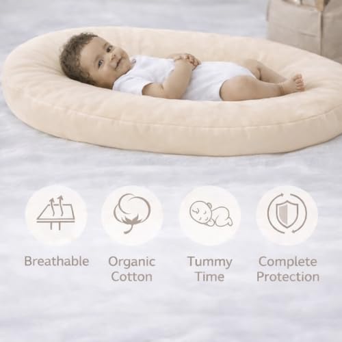 Image of Aila + Aiden Baby Lounger | Organic Cotton Infant Lounger | Adjustable & Portable Floor Lounger |Supervised Use | Soft, Breathable, Washable Cover - Snuggle Collection - (Tan)
