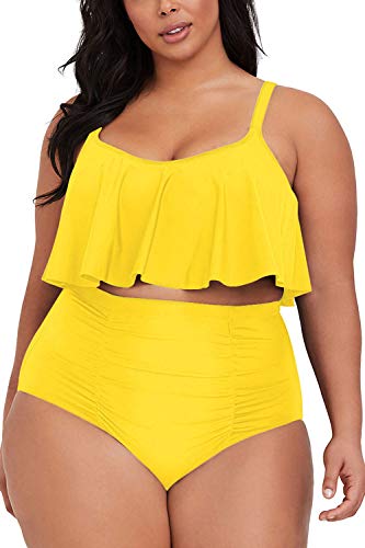 Sovoyontee Women's 2 Piece Plus Size High Waisted Swimsuit Bathing Suit Bright Yellow 2XL