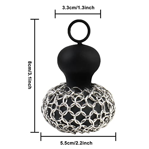 Cast Iron Chainmail Scrubber, Stainless Steel Cleaner Metal Scrubber With Silicone Handle, Grip Dish Scrub Tool For Pots And Skillets, Easy To Clean Dishwasher Safe Cookware Sponge Kitchen Accessory #TOP3