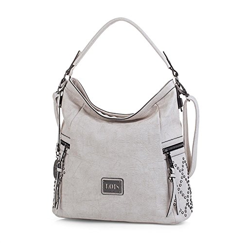 Lois - Bolso de Mujer Grande Tipo Hobo. asa Larga y Bandolera. Cuero PU y Remaches. para Diario Paseo o Compras. cómodo y Marca Calidad y Bonito diseño. 93970, Color Blanco Roto