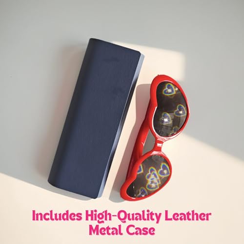 Image of Heart Diffraction Glasses - With Leather Metal Glasses Case - Heart Effect Sunglasses for Light Shows, Festivals, Fireworks (Pink)