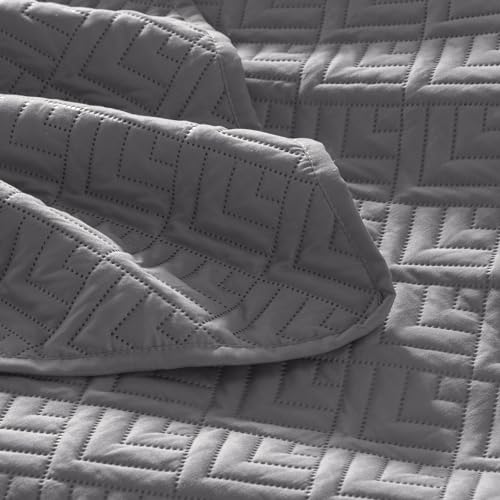 EXQ Home Quilt Set Twin Size Grey 2 Piece,Lightweight Soft Coverlet Modern Style Squares Pattern Bedspread Set for All Season(1 Quilt,1 Pillow Shams)
