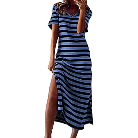 Sommerkleid Damen Lang - Gestreifte T Shirt Kleid Damen Sommer -Maxikleid Damen Kurzarm V Ausschnitt Streifen Lässiges Lockeres Langes Kleider mit Schlitz Shirtkleider Strandkleid Freizeitkleid Cover