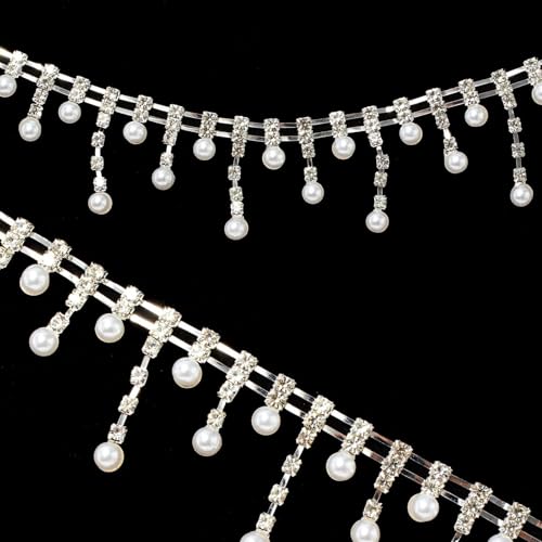 1 Yard Rhinestone Tassel Fringe Trim Rhinestone Trim Rhinestone Fringe Trim Diamond Crystal Fringe Trim Rhinestone Pearl Tassel Fringe Trim Ribbon, for Shoes, Dresses, Hair Accessories