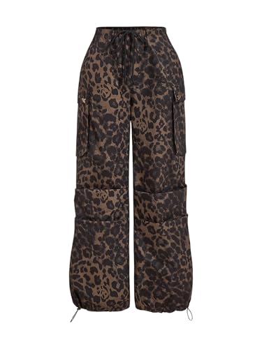 Floerns Women's Leopard Straight Leg Cargo Pants Cheetah Drawstring Ruched Trousers