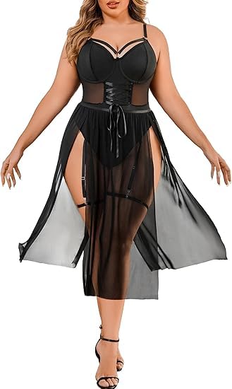 Plus Size Sheer Mesh Bodysuit with Corset Detail and High Slit Dress, Black