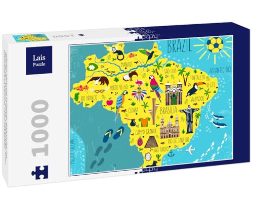 Lais Puzzle Mapa ilustrado de Brasil, América del Sur, con monumentos, Museo, Iglesia, Comida Tradicional, Carnaval brasileño, Animales y Flores 1000 Piezas