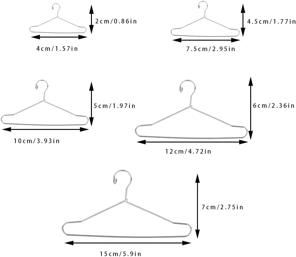 RCFINE 20Pcs Mini Hangers Metal Doll Clothes Holders Wire Rack Stand Doll Clothes Rack for Doll Clothes Gown Dress Outfit Doll Clothes Accessories (Silver,15cm)