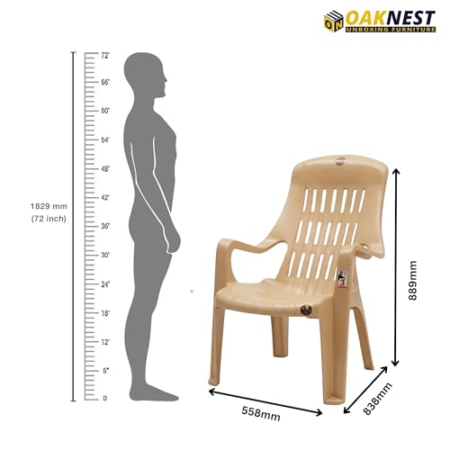 Image of Oaknest Unboxing Furniture Celloo Premium Plastic Relaxing Chair with Armrests | Ergonomic High-Back Lounge Seating for Home, Garden & Balcony (Marble Beige), Count of 4
