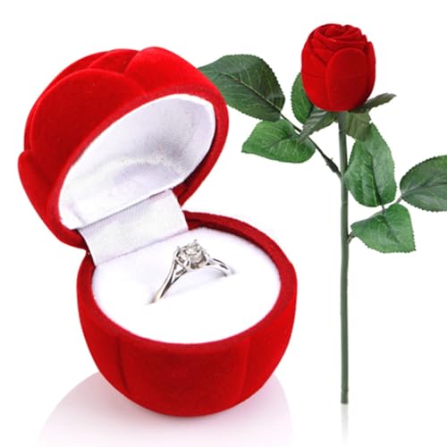 Chazcool Caja de anillo de rosa, caja de anillo de flores, forma de rosa roja, simulación de aniversario de boda para novia, esposa, romántica