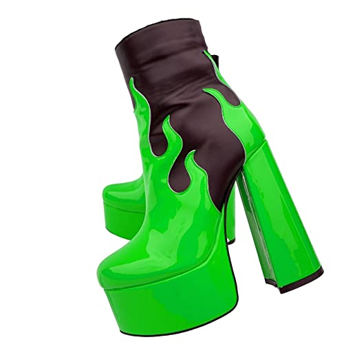 Frankie Hsu Women's Large Size Black Neon Green Patent Leather Flame Fire Sexy Platform Chunky Block High Heels Ankle Heeled Bootie Shoes2
