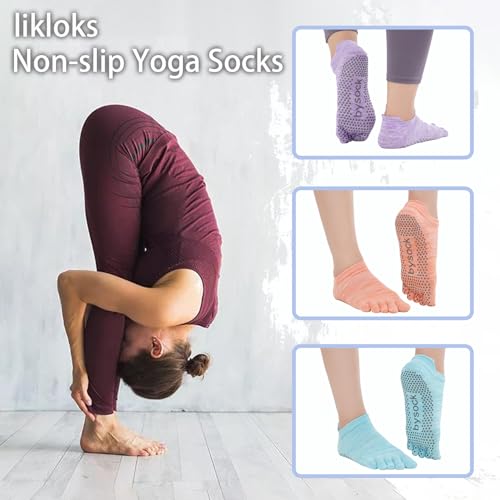 likloks Women's Toe Socks with Grips - Non-Slip Five Finger Socks for Yoga Pilates Dance Fitness Barefoot (3 Pairs)4