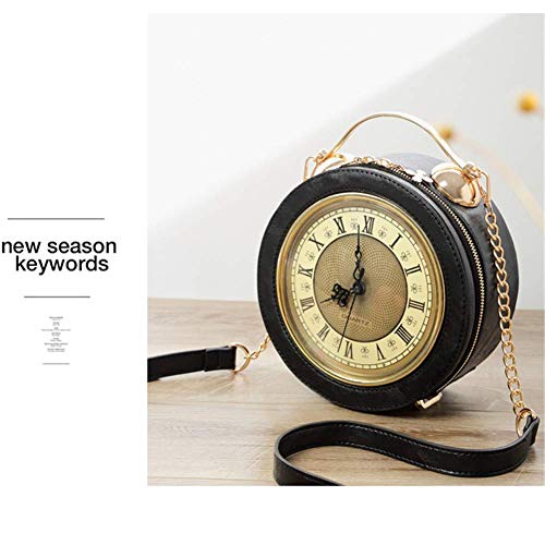Clock Bag Real Working,Vintage Crossbody Messenger Bag, SteamPunk Style Shape Leather Bag Circular Handbag Chain Shoulder Female bag (Black)3