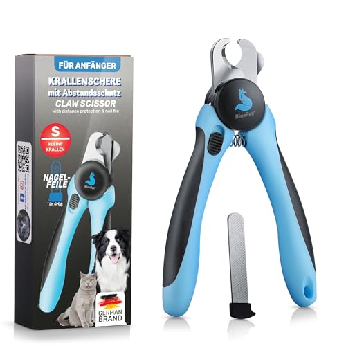 BluePet Krallenschere mit Schutz für kleine Hunde & Katzen, mit Abstandhalter für mehr Sicherheit, Krallenzange für kleine Krallen + Krallenfeile im Griff, Alternativ zu Nagelschere & Krallenschleifer