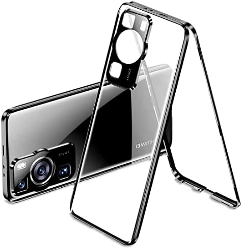 QUIETIP Case for Huawei P60 Pro,Magnetic Body Metal Frame Double Sided Clear Tempered Glass Shockproof with Camera Protection Cover Thin,Black