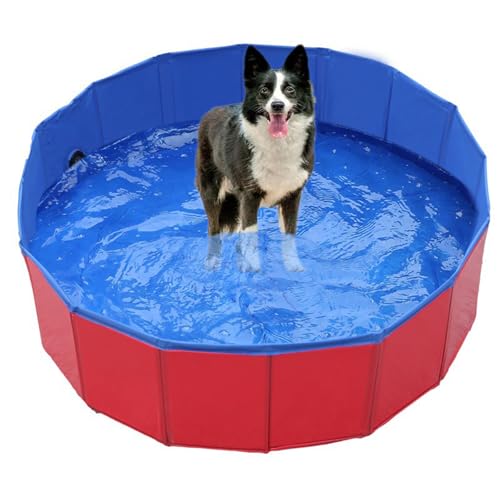 Foldable Dog Swimming Pool,Pet Outdoor Portable Bath Tub with Drain for Dogs and Cats_L(Red)