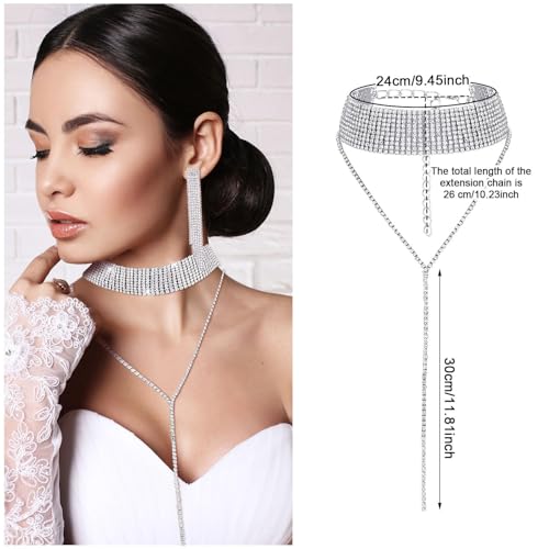 Hicarer 3 Pieces Women Rhinestone Jewelry Set Rhinestone Tassel Choker Necklace Fringe Bracelet Crystal Dangling Earring for Wedding Bridal Party4