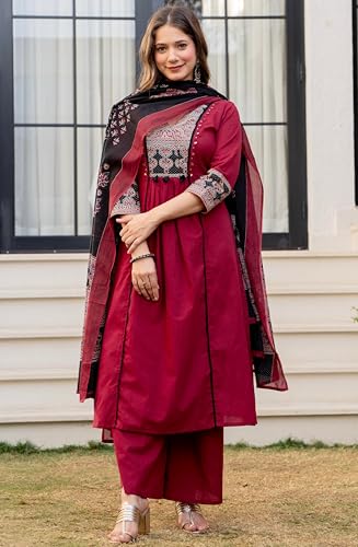 Image of Amayra Women's Pure Cotton A-Line Kurta Set with Palazzo Pants & Dupatta|Ethnic wear|Kurti Suit Set for Women