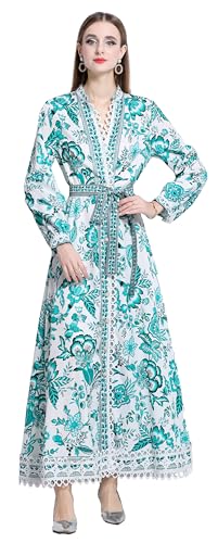 LAI MENG FIVE CATS Women's Casual Floral Print V-Neck Button up Slit Maxi Dress