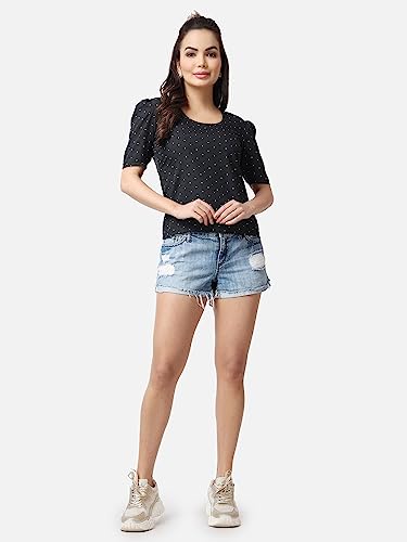 Image of POPWINGS Casual Printed Puff Sleeves Round Neck Top for Women || Stylish Summer Tops for Women || Hip-Length Women Top