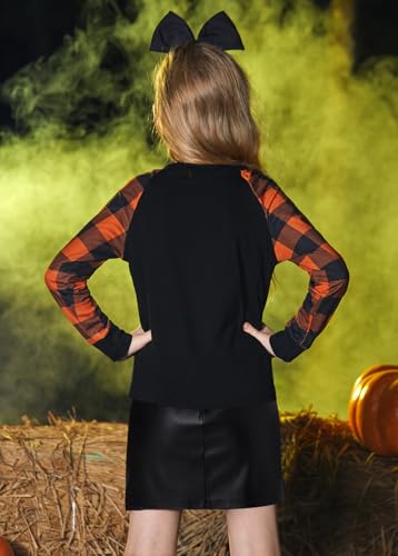 Image of BesserBay Girls Halloween Funny Plaid Graphic Shirt Long Sleeve Spooky Patchwork Raglan Top 5-14 Years