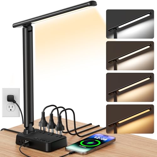 Image of Airlonv LED Desk Lamp for Office Home, Power Strip with 3 Outlets 4 USB Charging Ports(2 USBC), 4 Modes 5 Level Brightness Desk Light, Small Desk Lamp for College Dorm Room Essentials
