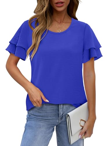 CRAZY GRID Women's Shirts Summer Casual Crewneck Ruffle Short Sleeve Blouses Cute Floral Print Tunic Tops