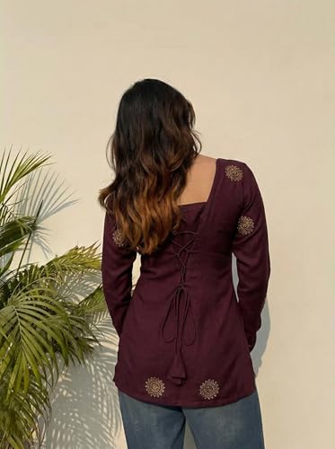Image of ANNI Designer Women's Viscose Blend Printed Short Kurti | Straight Fit Casual Ethnic Top | Square Neck 3 /4 Sleeve Kurta Office College