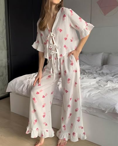 Image of codcm Womens Cotton Pajama Set Ruffle 2 Piece Tie Front Shirt and Long Pants Cute Printed Sleepwear