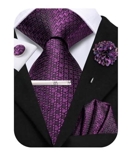 Image of Hi-Tie Plaid Dark Purple Silk Ties Set for Men Classic Neckties and Pocket Square Lapel Pin Silver Tie Clip Cufflinks Set Wedding Business 6PCS