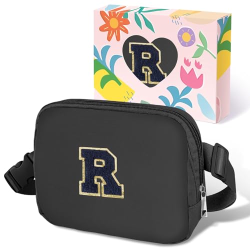 Image of COSHAYSOO Valentines Birthday Initial Gifts for Teen Boys 5 6 7 8 9 10 11 12 13 14 Year Old Black Fanny Pack for Women Belt Bag Crossbody Travel Purse Monogrammed Unique Trendy Stuff Chenille Letter R