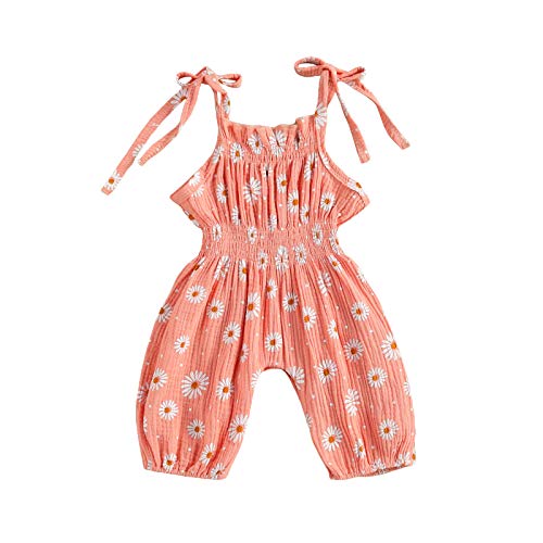 0-24 Months Baby Girl Cotton Linen Floral Romper Jumpsuit Sleeveless Halter Playsuit Pants Summer Outfits (Pink, 0-3 Months)