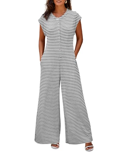 Cicy Bell Jumpsuit Damen Sommer Gestreift Kurzarm Overall Weites Bein Elegant Romper mit Knöpfen und Taschen Bequem für ...