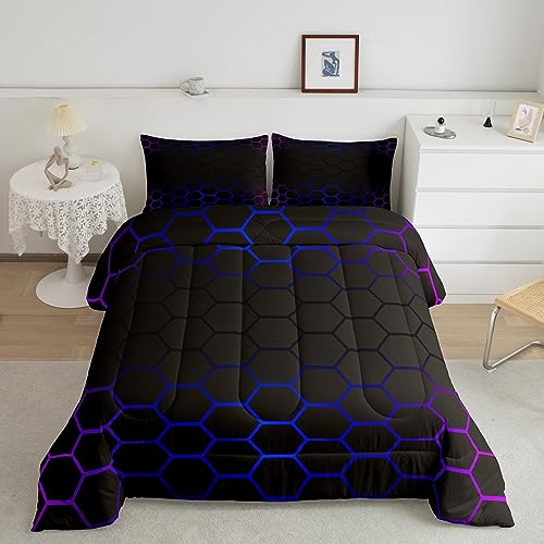 Image of Purple Blue Ombre Hexagon Comforter Set Full Size, Geometrics Honeycomb Bedding Set for Boys Girls Hexagonal Geometrical Blue Black Comforter Abstract Duvet Set Microfiber Bed Set