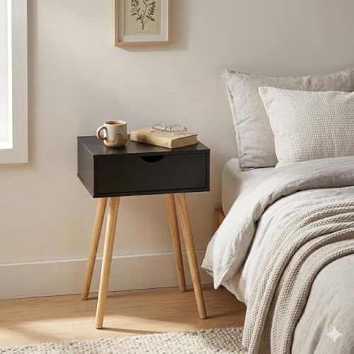 Image of Modern White Bedside Table with 1 Drawers & Wooden Legs | Compact Nightstand for Bedroom | Scandinavian Style Side Table with Storage for Home Living Room (Black, 1 Drawer)
