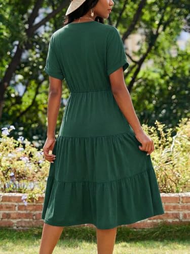 Image of PerZeal Women's Casual Tiered Midi Dress with Pockets - V Neck Short Sleeve Elastic Waist Ruffle Summer Dress for Daily Wear