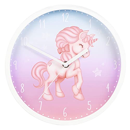 Hama Children's Wall Clock Magical Unicorn Non-Ticking (Round Children's Clock with Unicorn Motif, Battery-Operated Quartz Wall Clock with Second Hand, Children's Room, Ideal as a Learning Clock,