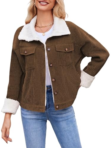 ZAFUL 2024 Womens Sherpa Fleece Jacket Button Down Corduroy Shacket Casual Winter Warm Coat With Pockets