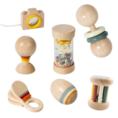 Image of 7 PCS Wooden Baby Toys Set - Organic Infant Rattles Newborns 0-6 Month & Montessori-Inspired Musical Instruments for 0-12 Month - Natural Toddler Developmental Toys