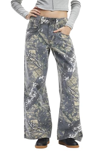 Women Camo Jeans Wide Leg Denim Pants Mid Waist Baggy Jeans Trousers