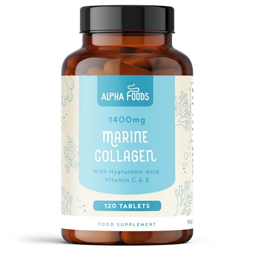Colágeno Marino Hidrolizado 1400mg | 120 Tabletas | con Ácido Hialurónico, Vitamina C, E, Zinc y Biotina | para Piel, Pelo, Articulaciones y Huesos | Colageno Tipo 1 | Alpha Foods