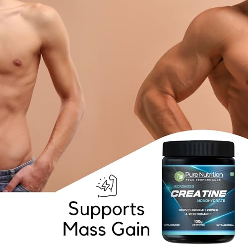 Image of Pure Nutrition Micronised Creatine Monohydrate Powder, Pre /Post Workout Supplement, Instant Energy for Athletic Performance, Fast Recovery, Increased Muscle Mass, Unflavoured, 100g, 33 Servings